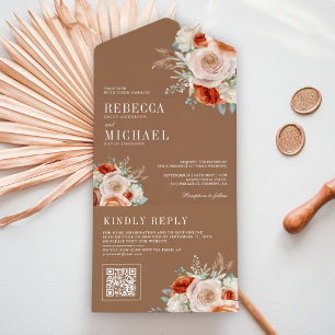 Verbranntes Orange Elfenbein Florales QR-Code Beig All In One Einladung