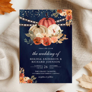 Verbranntes Orange Florales Kürbis Navy Blau Hochz Einladung