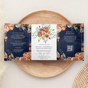 Verbranntes Orange Florales Navy Blau QR Code Hoch Dreifach Gefaltete Einladung