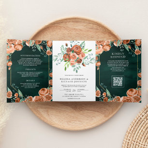 Verbranntes Orange Florales Smaragdgrün QR-Code Ho Dreifach Gefaltete Einladung