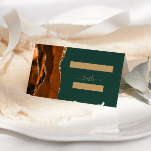 Verbranntes Orange Gold Achat Dunkelgrüne Hochzeit Platzkarte
