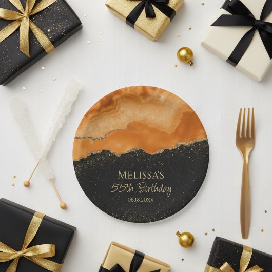 Verbranntes Orange Gold Glitter Wasserfarben Marmo Pappteller