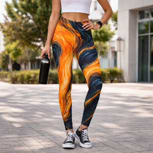 Verbranntes Orange und Marineblau Marmoriert Kühne Leggings