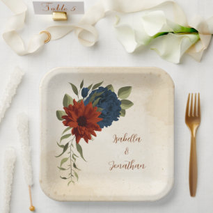 verbranntes Orange und marineblaue Blüten Pappteller