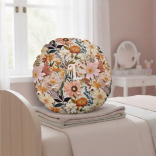 Verbranntes Orange-Wildblumen-Cottagecore-Monogram Rundes Kissen