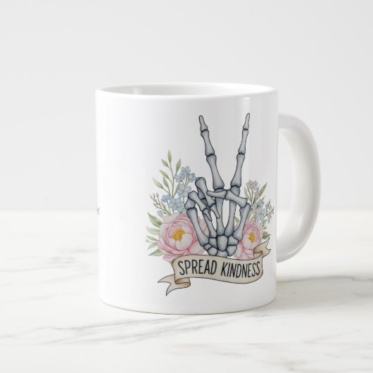 "Verbreite Freundlichkeit" Skelett-Friedenszeichen Jumbo-Tasse (Vorderseite Rechts)