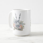 "Verbreite Freundlichkeit" Skelett-Friedenszeichen Kaffeetasse (Vorderseite Links)