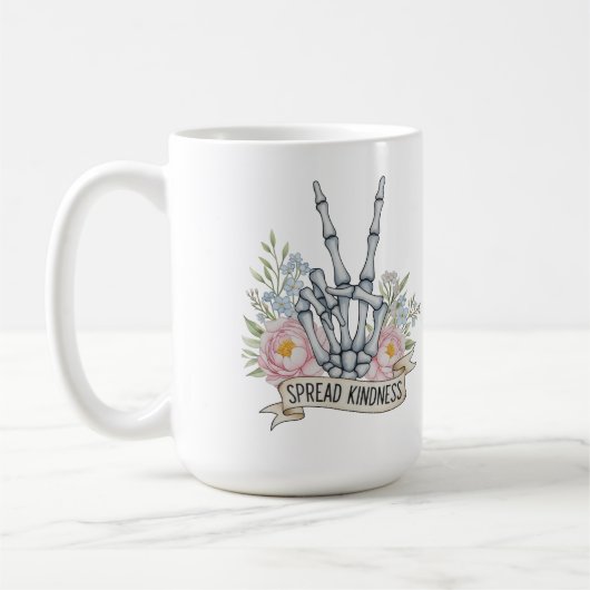 "Verbreite Freundlichkeit" Skelett-Friedenszeichen Kaffeetasse (Links)