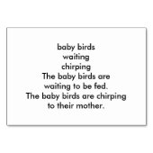 Verbs Chirping Birds Reading Flashcards für Erwach Tischnummer (Rückseite)