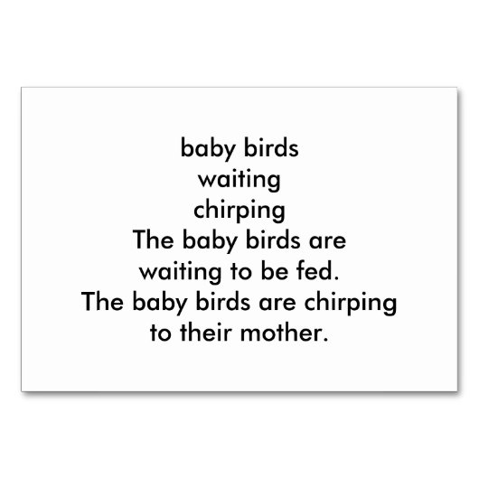 Verbs Chirping Birds Reading Flashcards für Erwach Tischnummer (Rückseite)