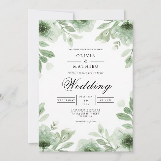 Verdant Bloom Botanical Romance Wedding Einladung (Vorderseite)