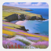 Verdant Cliffs und Azure Waves Quadratischer Aufkleber (Vorderseite)