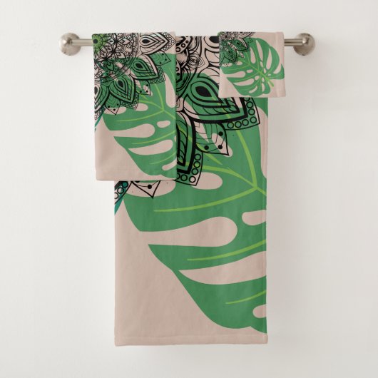 Verdant Embrace: Mandala and Leaf Design Badhandtuch Set (Insitu)