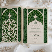 Verdant Emerald Elegance Islamic Lace Wedding Einladung