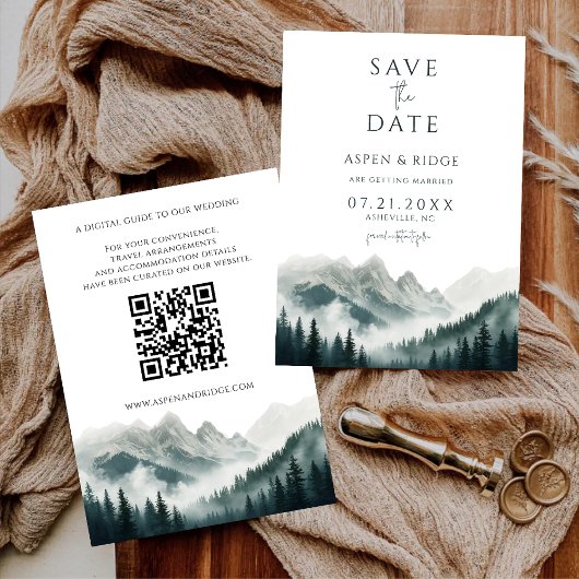 Verdant Peaks Misty Forest Save the Date QR Code Einladung