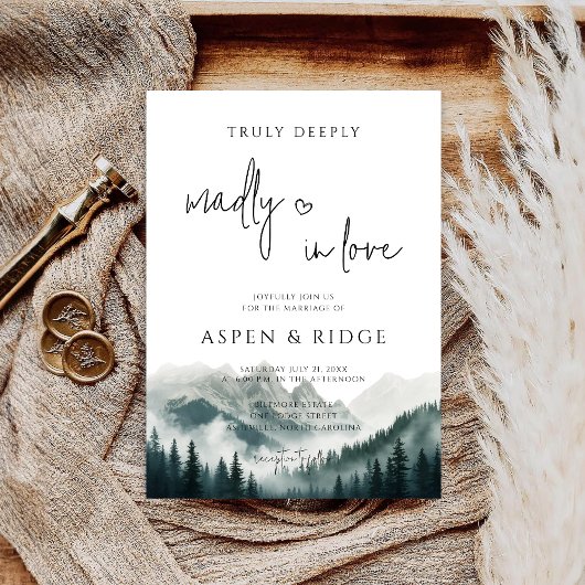 Verdant Peaks Misty Forest Watercolor Wedding  Einladung
