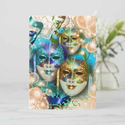 Verdecktes Thema der Maskerade Geburtstag Einladung (Stehend Vorderseite)