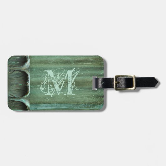 Verdigris Bronze Leaf Muster Monogramm Gepäckanhänger (Vorderseite horizontal)
