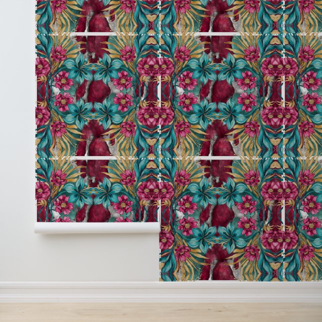 Verdigris & Pink Florals with Metallic Gold Tapete (Anwendung)