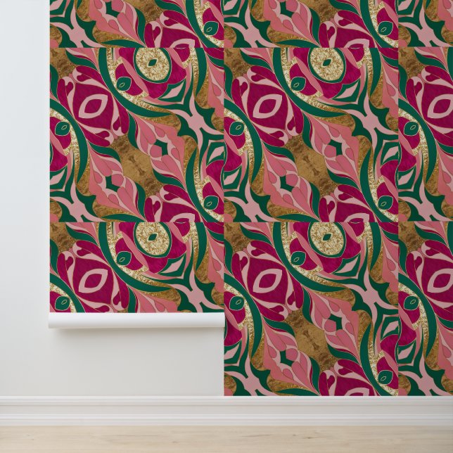 Verdigris & Pink Florals with Metallic Gold Tapete (Anwendung)