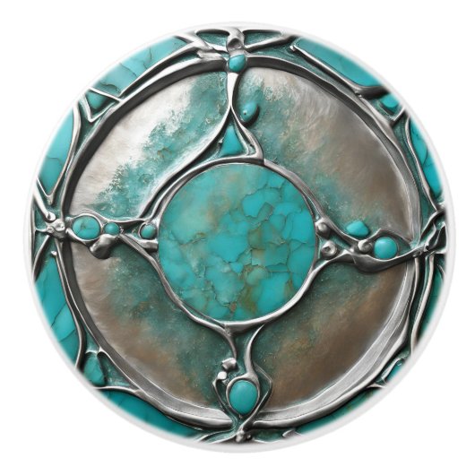 Verdigris Turquoise & Silver Art Deco  Keramikknauf (Vorderseite)