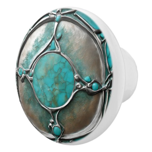 Verdigris Turquoise & Silver Art Deco Keramikknauf (Rechts)