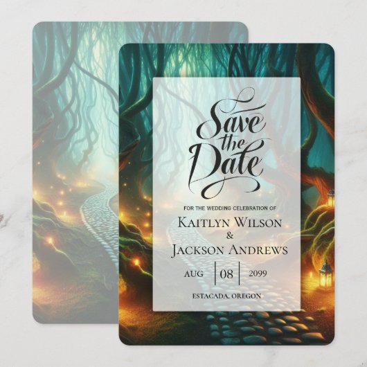 Verdrehtes Waldlaternenweg-Hochzeit Save The Date (Vorne/Hinten)