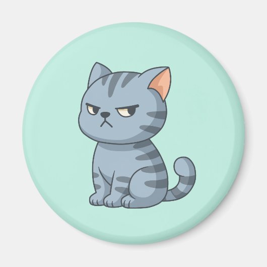 Verdrießliche Graue Getigerte Katze auf Grün Magnet (Vorne)