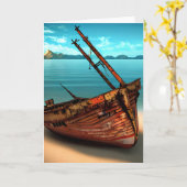 Verdünntes Boot an einem verschollenen Sandstrand Karte (Gelbe Blume)