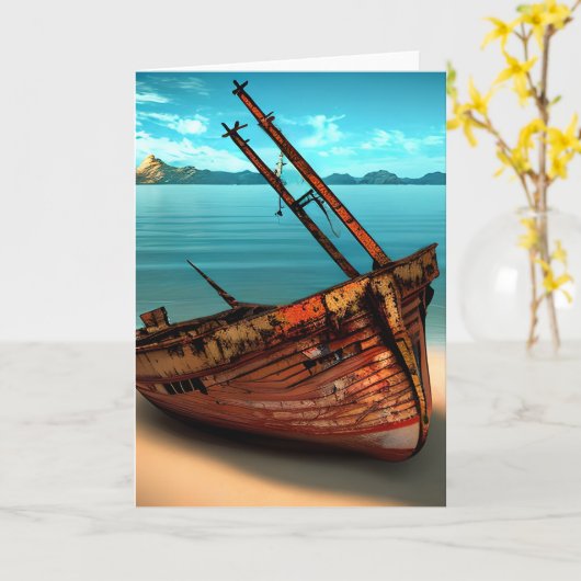 Verdünntes Boot an einem verschollenen Sandstrand Karte (Gelbe Blume)