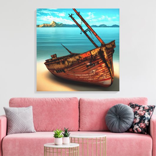 Verdünntes Boot an einem verschollenen Sandstrand Leinwanddruck (Insitu (Wohnzimmer))