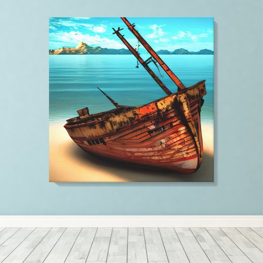 Verdünntes Boot an einem verschollenen Sandstrand Leinwanddruck (Insitu (Holzboden))