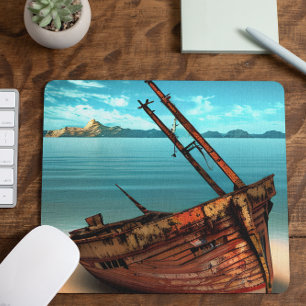 Verdünntes Boot an einem verschollenen Sandstrand Mousepad