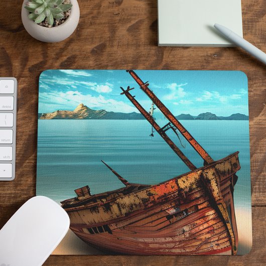 Verdünntes Boot an einem verschollenen Sandstrand Mousepad