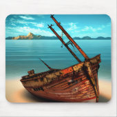 Verdünntes Boot an einem verschollenen Sandstrand Mousepad (Vorne)