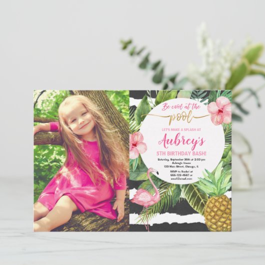 Vereinigen Sie Partymädchengeburtstag, tropisches Einladung (Stehend Vorderseite)