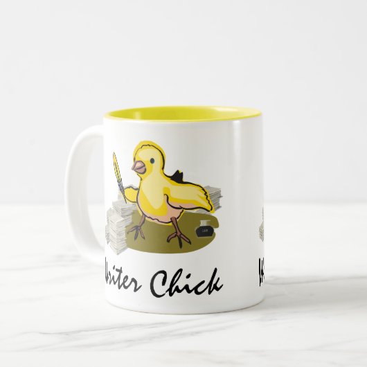 Verfasser-Küken mit Papier, Feder-Spule und Tinte Zweifarbige Tasse (Vorderseite Links)