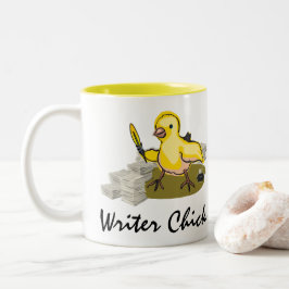 Verfasser-Küken mit Papier, Feder-Spule und Tinte Zweifarbige Tasse