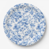 Verfeinerte blaue französische Toile-Rosen-Blumen- Pappteller (Vorderseite)