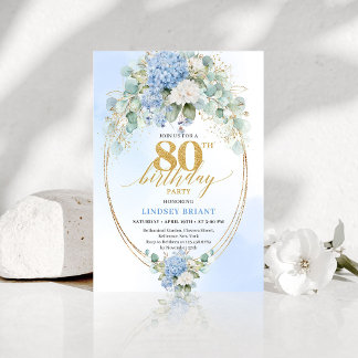 Verfeinerte blaue Hortensie Gold Blumen 80. Geburt Einladung