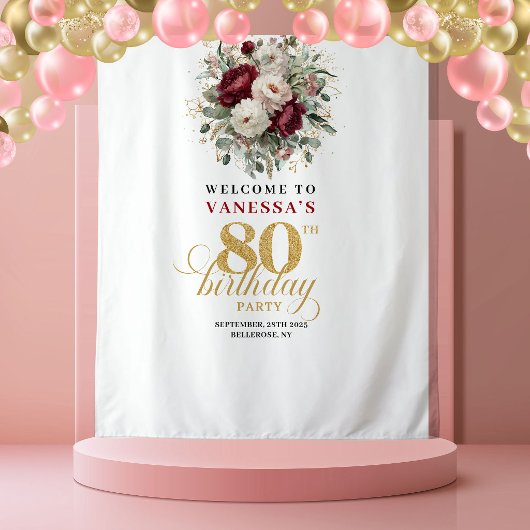 Verfeinerte Blush-Blumen 80. Geburtstagsbanner Wandteppich