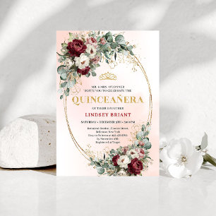 Verfeinerte Marsala-Blumen-Gold-Quinceañera-Einlad Einladung