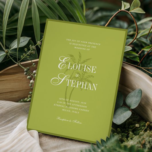 Verfeinerte Skript-Palmbaum-Chartreuse-Strandhochz Einladung