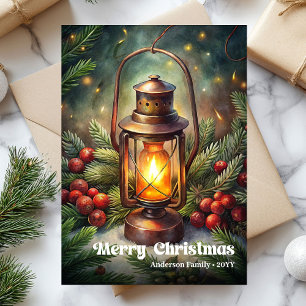 Verfeinerte Weihnachtslaterne Vintage-Tannen-Kranz Feiertagskarte