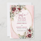Verfeinertes Boho-Maroon-Blush-Gold-Blumen-Save-Da Einladung (Vorderseite)