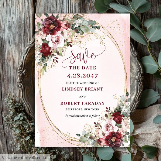 Verfeinertes Boho-Maroon-Blush-Gold-Blumen-Save-Da Einladung