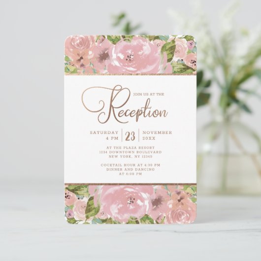 Verführerische Rose Vintage rosa Hochzeitsempfehlu Einladung (Stehend Vorderseite)