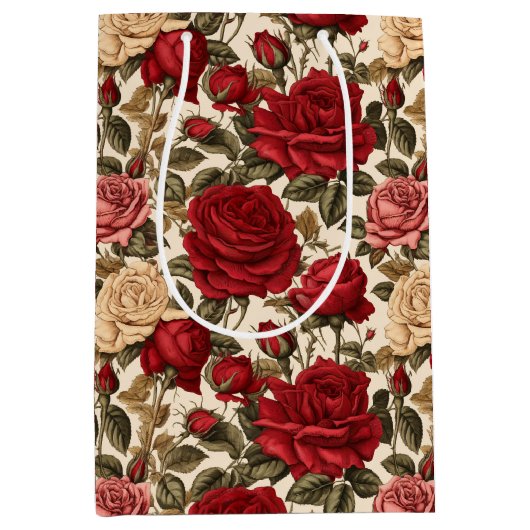 Verführerische Rosen und Weiße Rosen - Chic Floral Mittlere Geschenktüte (Vorderseite)