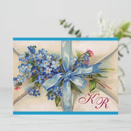 VERGESSEN MICH NOTS MONOGRAM , WEDEDING PARTY Blue Einladung (Stehend Vorderseite)