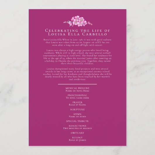 Vergessen-nies Beerdigungsservice-Programm Rosa Bl Programm (Rückseite)